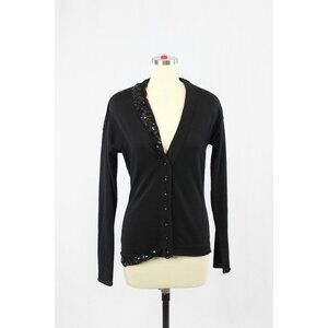Vintage 90's CHRISTIAN DIOR Black Wool Knit Sequin Trim V-Neck Sweater, Size 6
